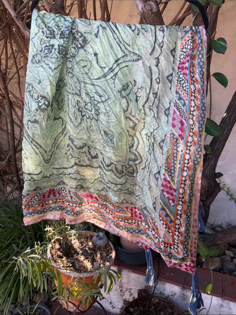 Johnny Was Light Green Paisley Silk Scarf with Multicolor Geometric Border